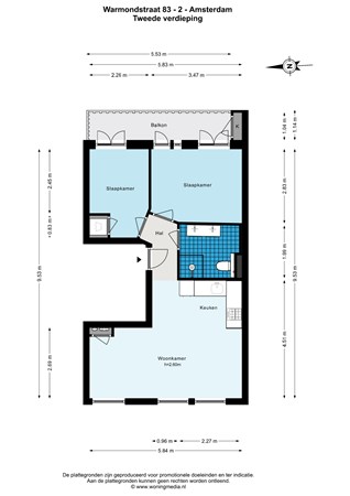 Plattegrond - Warmondstraat 83-2, 1058 KS Amsterdam - Warmondstraat 83 - 2 - Amsterdam - Tweede verdieping - 2D.jpg